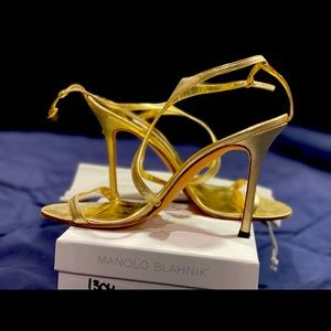 Manolo Blahnik metallic gold strappy heel